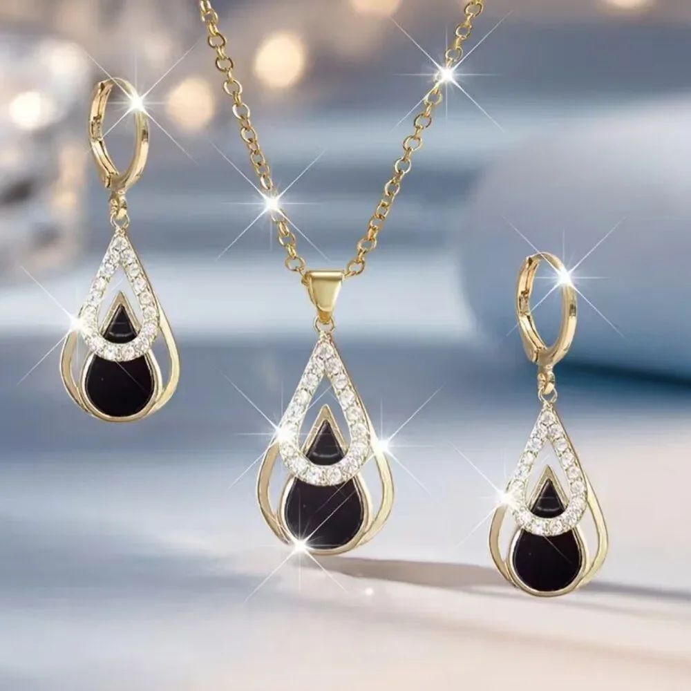 Glam Black Onyx Enamel & Rhinestones Necklace & Earring Set, Artfully Designed